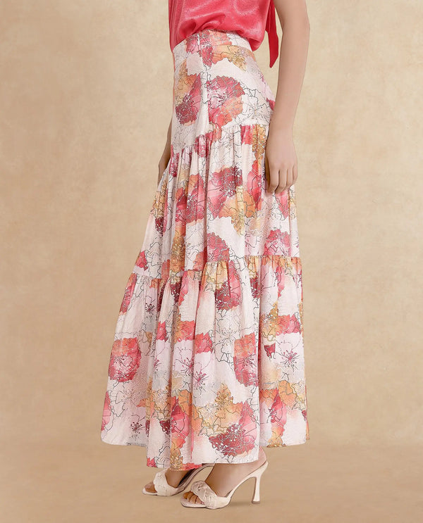Rareism Women Solan Multi Zip Flared Maxi Floral Print Skirt