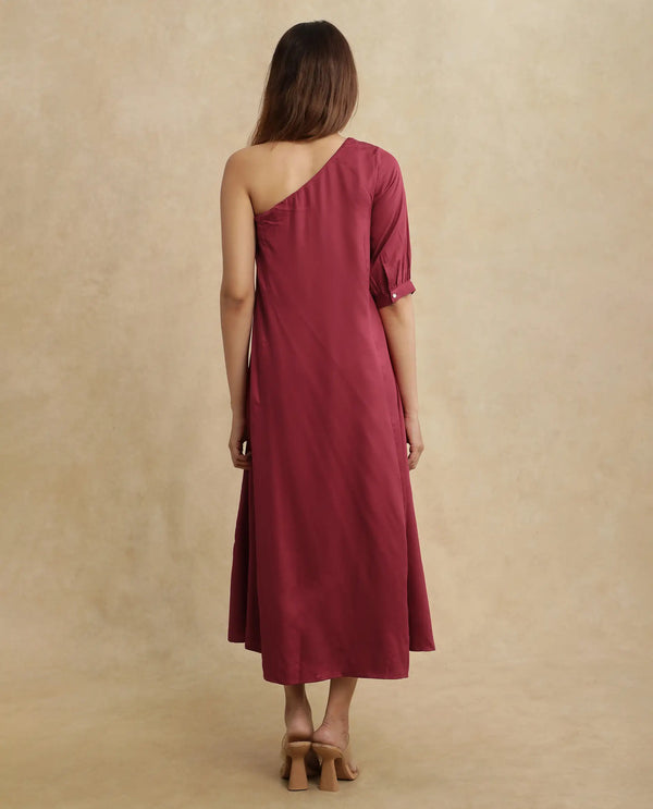 Rareism Women Somalia Red Viscose Fabric One Shoulder Asymmetric Neck Zipper Closure A-Line Maxi Plain Dress