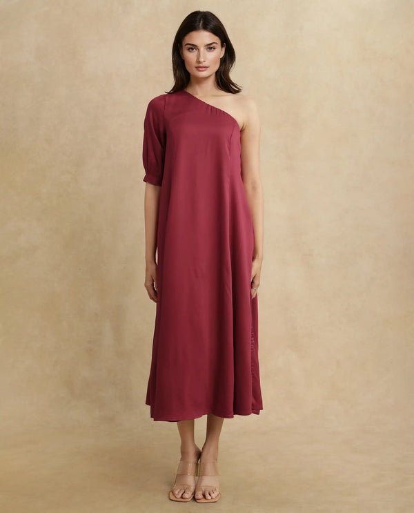 Rareism Women Somalia Red Viscose Fabric One Shoulder Asymmetric Neck Zipper Closure A-Line Maxi Plain Dress