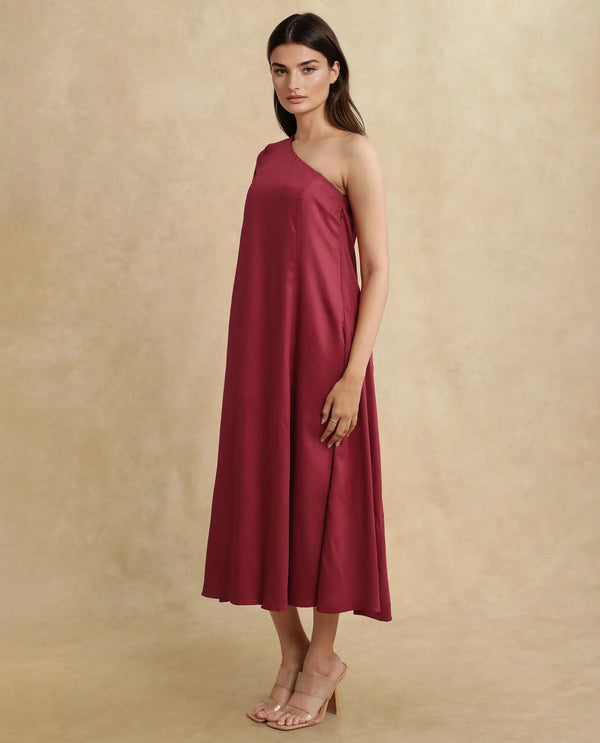 Rareism Women Somalia Red Viscose Fabric One Shoulder Asymmetric Neck Zipper Closure A-Line Maxi Plain Dress
