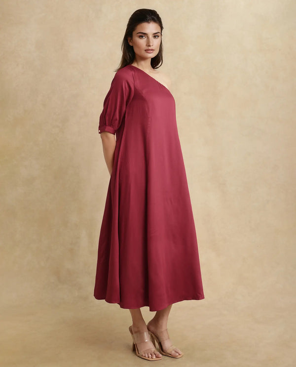 Rareism Women Somalia Red Viscose Fabric One Shoulder Asymmetric Neck Zipper Closure A-Line Maxi Plain Dress