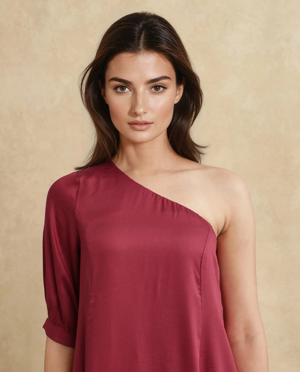 Rareism Women Somalia Red Viscose Fabric One Shoulder Asymmetric Neck Zipper Closure A-Line Maxi Plain Dress