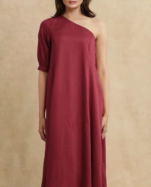 Rareism Women Somalia Red Viscose Fabric One Shoulder Asymmetric Neck Zipper Closure A-Line Maxi Plain Dress