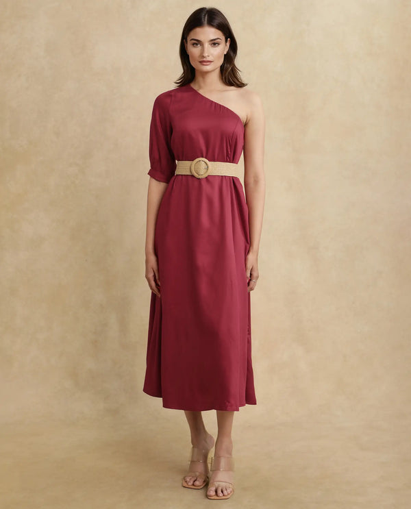 Rareism Women Somalia Red Viscose Fabric One Shoulder Asymmetric Neck Zipper Closure A-Line Maxi Plain Dress