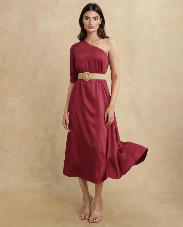 Rareism Women Somalia Red Viscose Fabric One Shoulder Asymmetric Neck Zipper Closure A-Line Maxi Plain Dress