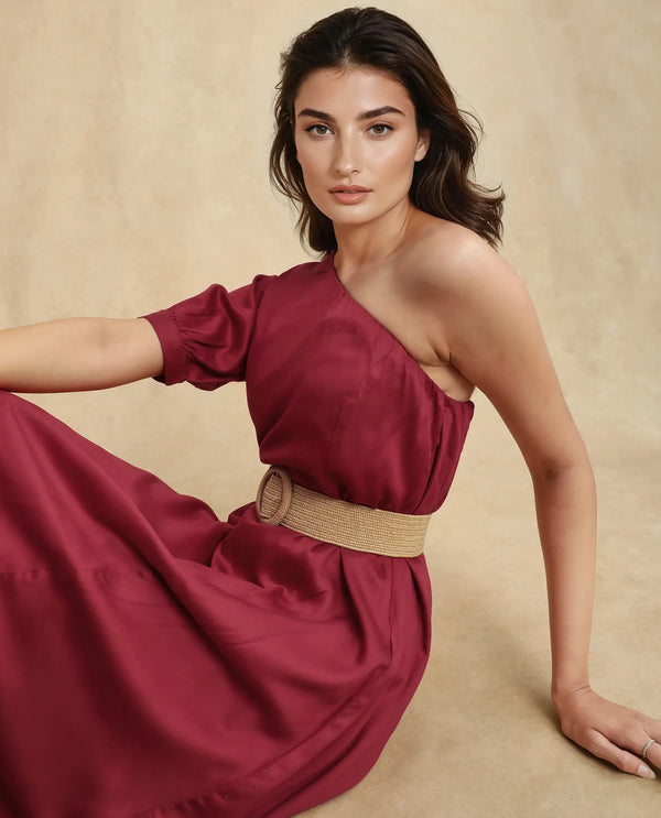Rareism Women Somalia Red Viscose Fabric One Shoulder Asymmetric Neck Zipper Closure A-Line Maxi Plain Dress
