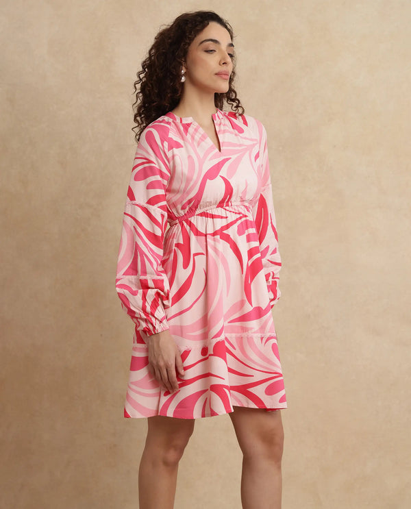 Rareism Women Somalin Multi Viscose Fabric Raglan Sleeve Mandarin Collar Fit And Flare Mini Abstract Print Dress
