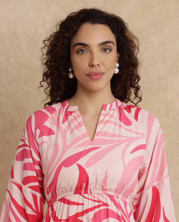 Rareism Women Somalin Multi Viscose Fabric Raglan Sleeve Mandarin Collar Fit And Flare Mini Abstract Print Dress