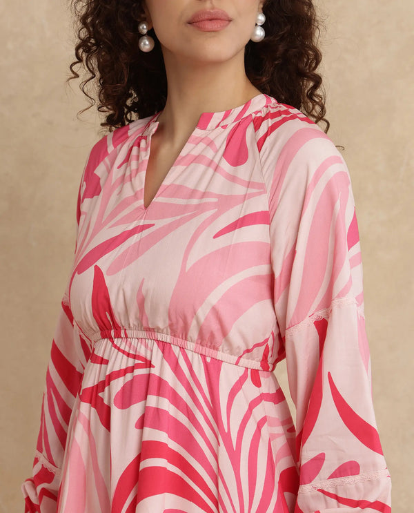 Rareism Women Somalin Multi Viscose Fabric Raglan Sleeve Mandarin Collar Fit And Flare Mini Abstract Print Dress