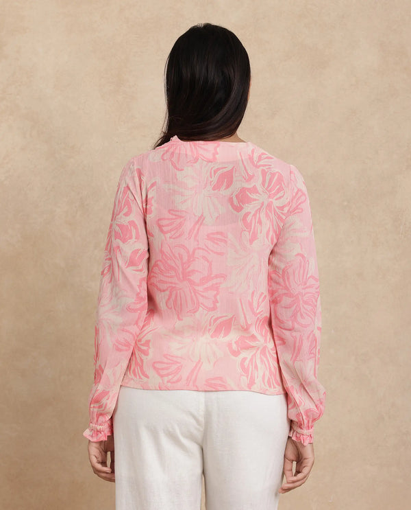 Rareism Women Sombo Pink Polyester Fabric Bishop Sleeve V-Neck Floral Print Top