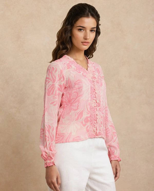 Rareism Women Sombo Pink Polyester Fabric Bishop Sleeve V-Neck Floral Print Top