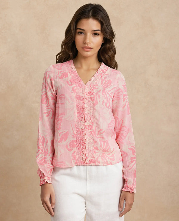Rareism Women Sombo Pink Polyester Fabric Bishop Sleeve V-Neck Floral Print Top