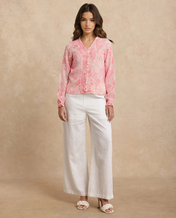 Rareism Women Sombo Pink Polyester Fabric Bishop Sleeve V-Neck Floral Print Top