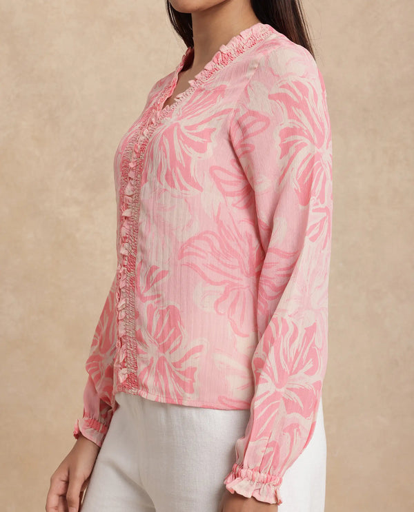 Rareism Women Sombo Pink Polyester Fabric Bishop Sleeve V-Neck Floral Print Top