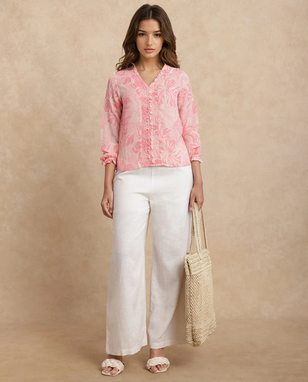 Rareism Women Sombo Pink Polyester Fabric Bishop Sleeve V-Neck Floral Print Top