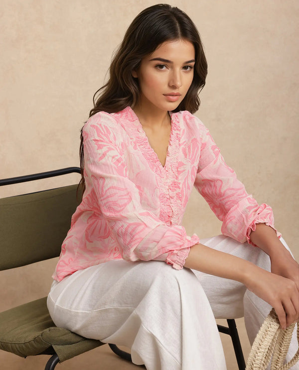 Rareism Women Sombo Pink Polyester Fabric Bishop Sleeve V-Neck Floral Print Top