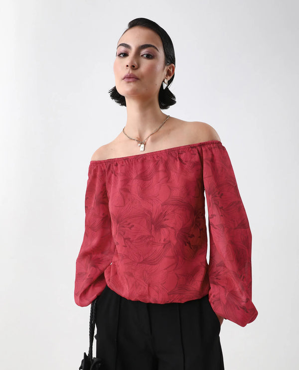 Rareism Women Somgam Dark Red Polyester Fabric Bishop Sleeve Boat Neck Floral Print Top