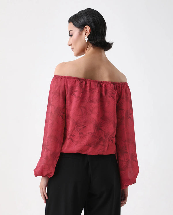 Rareism Women Somgam Dark Red Polyester Fabric Bishop Sleeve Boat Neck Floral Print Top