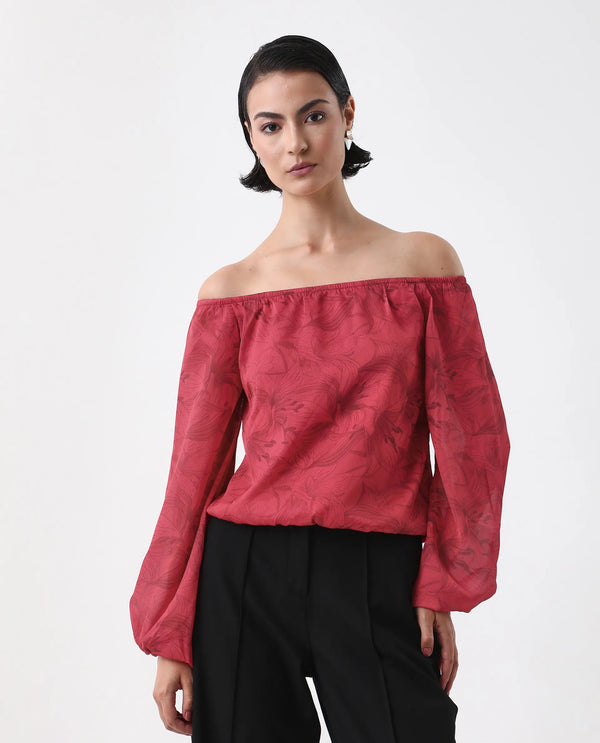 Rareism Women Somgam Dark Red Polyester Fabric Bishop Sleeve Boat Neck Floral Print Top