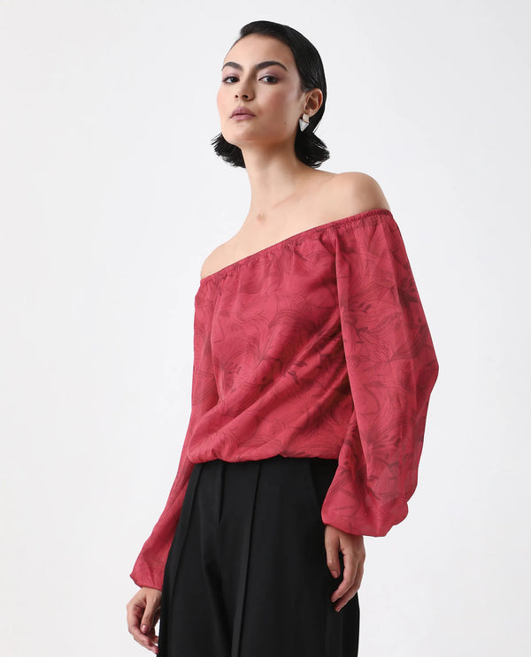 Rareism Women Somgam Dark Red Polyester Fabric Bishop Sleeve Boat Neck Floral Print Top