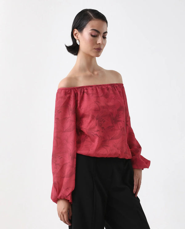 Rareism Women Somgam Dark Red Polyester Fabric Bishop Sleeve Boat Neck Floral Print Top