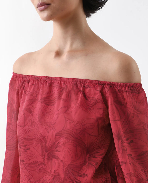 Rareism Women Somgam Dark Red Polyester Fabric Bishop Sleeve Boat Neck Floral Print Top