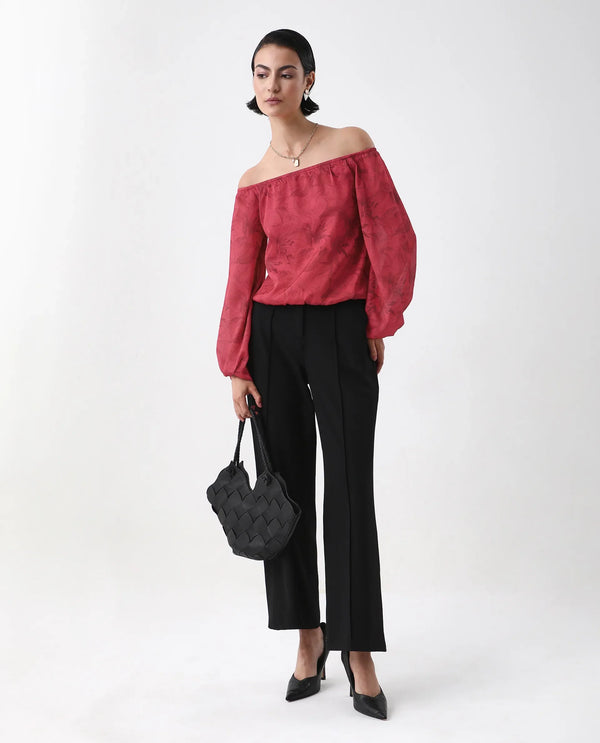 Rareism Women Somgam Dark Red Polyester Fabric Bishop Sleeve Boat Neck Floral Print Top