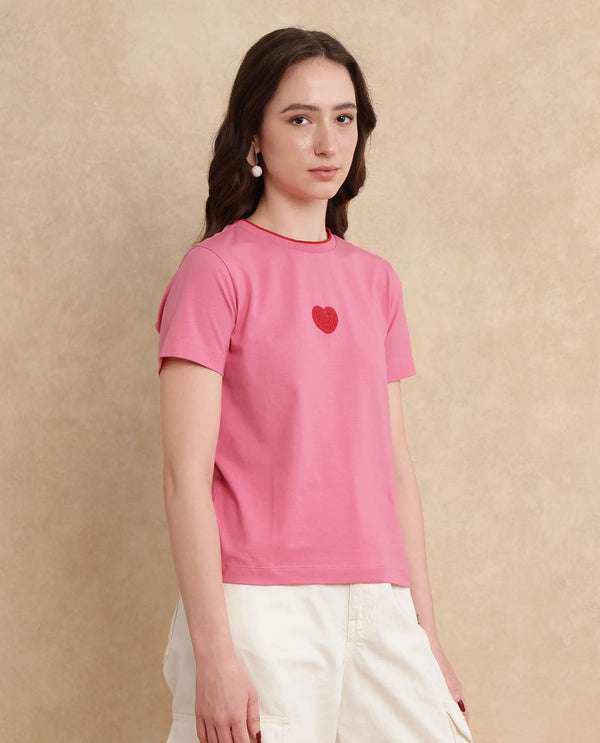 Rareism Women Somger Pink Crew Neck Plain T-Shirt