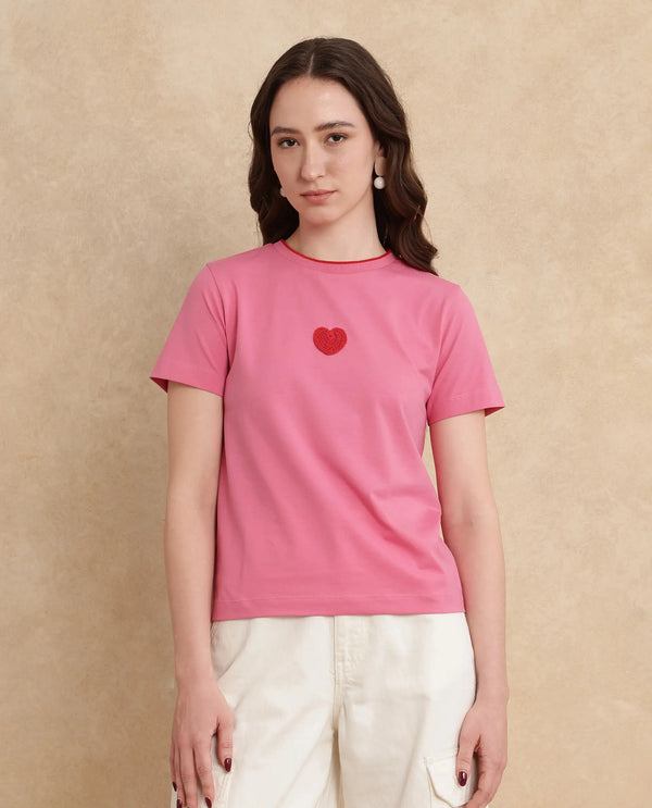 Rareism Women Somger Pink Crew Neck Plain T-Shirt