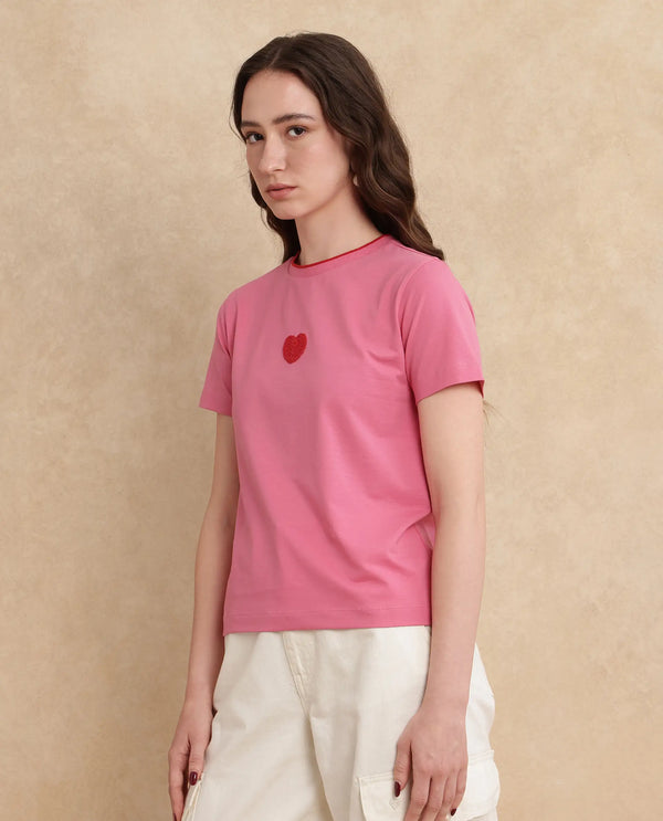 Rareism Women Somger Pink Crew Neck Plain T-Shirt