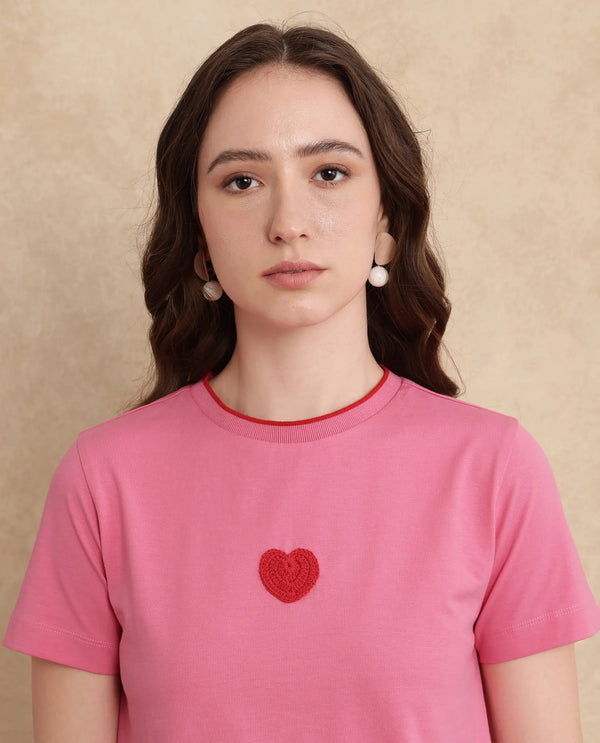 Rareism Women Somger Pink Crew Neck Plain T-Shirt