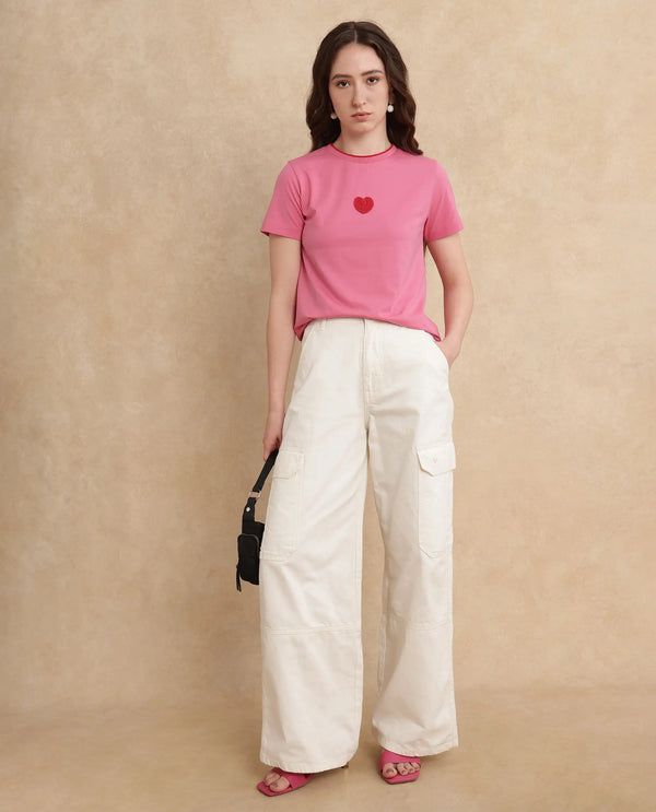 Rareism Women Somger Pink Crew Neck Plain T-Shirt