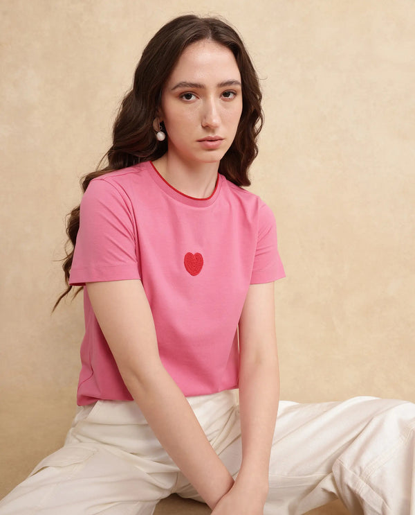 Rareism Women Somger Pink Crew Neck Plain T-Shirt