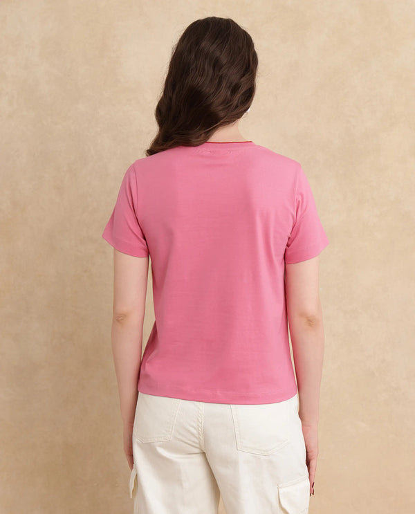 Rareism Women Somger Pink Crew Neck Plain T-Shirt