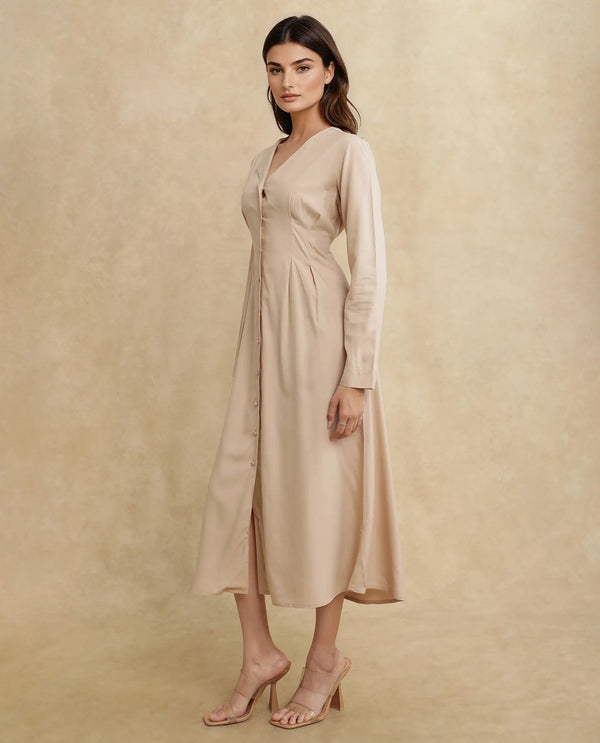 Rareism Women Somgrip Beige Viscose Fabric Full Sleeve V-Neck Button Closure A-Line Midi Plain Dress