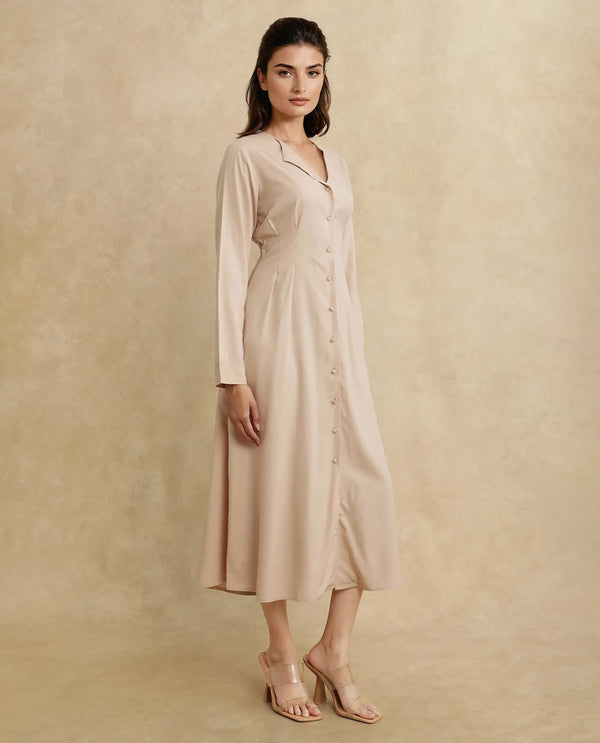 Rareism Women Somgrip Beige Viscose Fabric Full Sleeve V-Neck Button Closure A-Line Midi Plain Dress