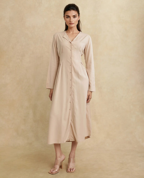 Rareism Women Somgrip Beige Viscose Fabric Full Sleeve V-Neck Button Closure A-Line Midi Plain Dress