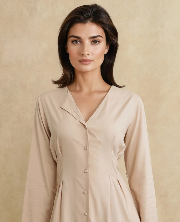 Rareism Women Somgrip Beige Viscose Fabric Full Sleeve V-Neck Button Closure A-Line Midi Plain Dress