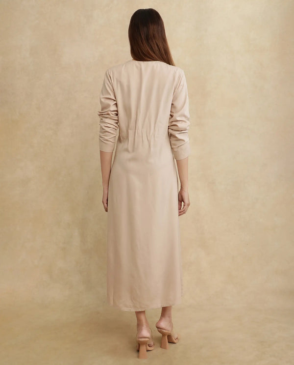 Rareism Women Somgrip Beige Viscose Fabric Full Sleeve V-Neck Button Closure A-Line Midi Plain Dress