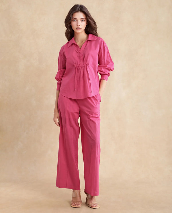 Rareism Women Somhur-B Pink Cotton Fabric Straight Fit Ankle Length Plain Trouser