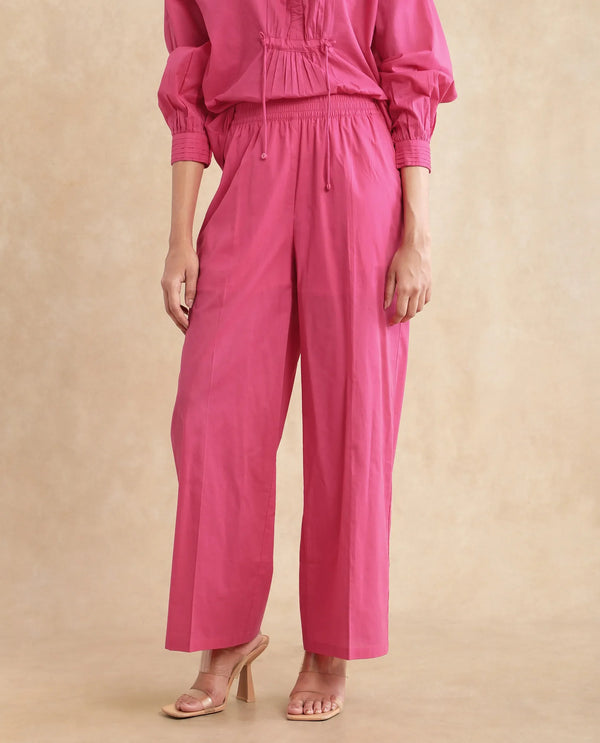 Rareism Women Somhur-B Pink Cotton Fabric Straight Fit Ankle Length Plain Trouser