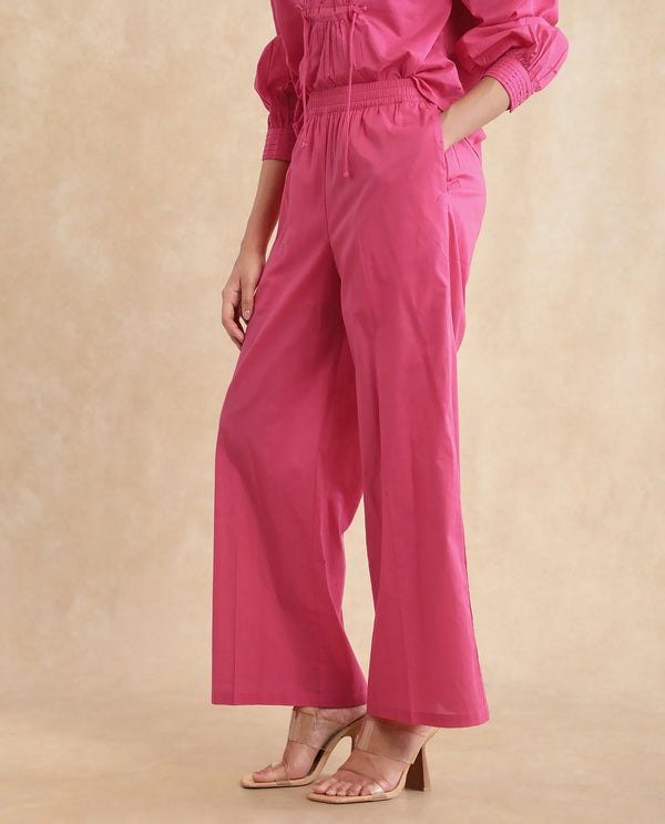 Rareism Women Somhur-B Pink Cotton Fabric Straight Fit Ankle Length Plain Trouser