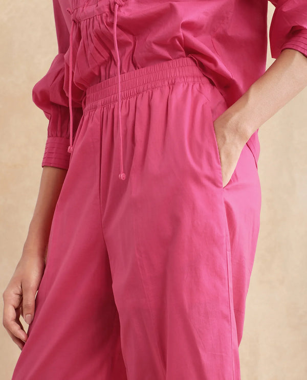 Rareism Women Somhur-B Pink Cotton Fabric Straight Fit Ankle Length Plain Trouser