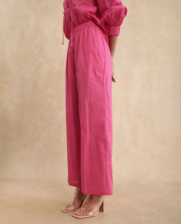 Rareism Women Somhur-B Pink Cotton Fabric Straight Fit Ankle Length Plain Trouser