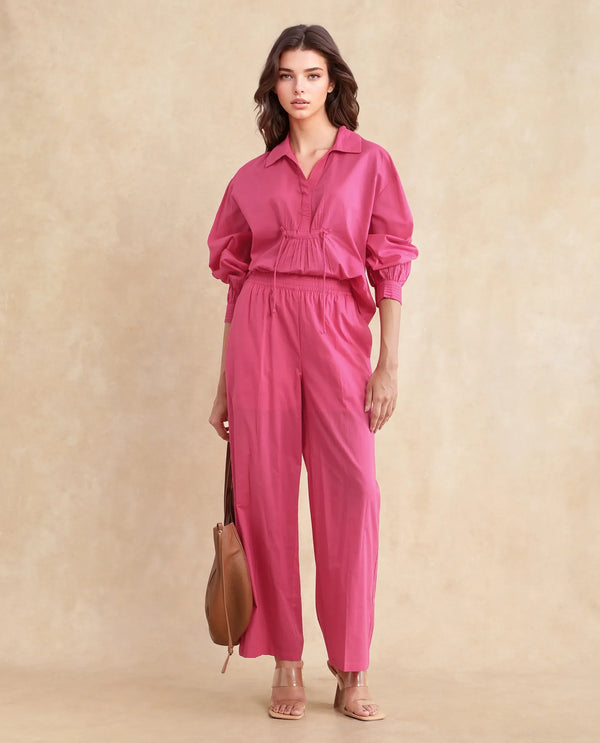 Rareism Women Somhur-B Pink Cotton Fabric Straight Fit Ankle Length Plain Trouser