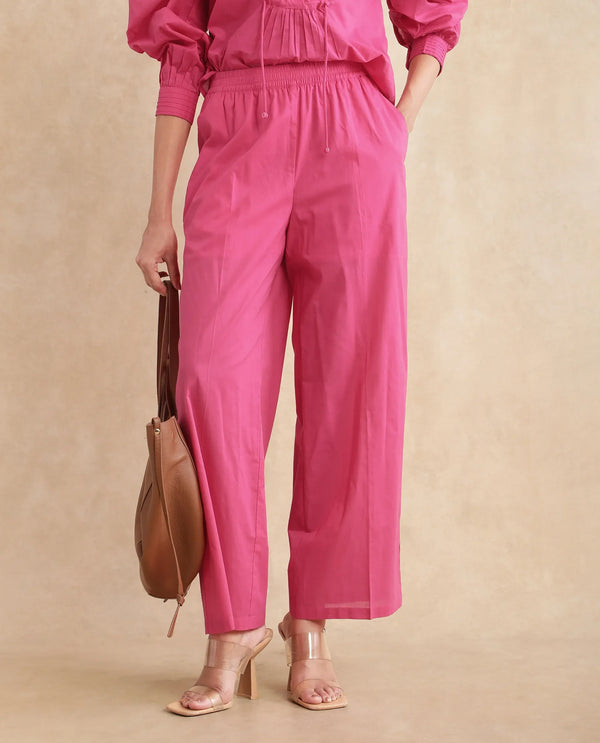 Rareism Women Somhur-B Pink Cotton Fabric Straight Fit Ankle Length Plain Trouser