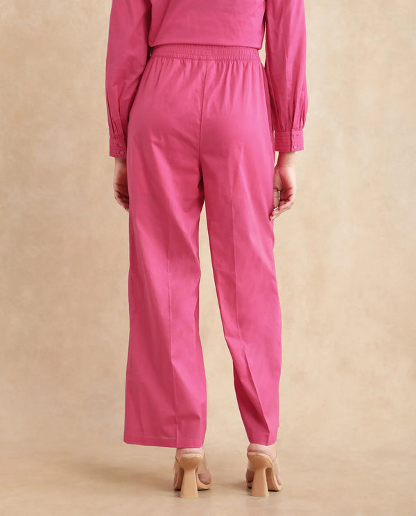 Rareism Women Somhur-B Pink Cotton Fabric Straight Fit Ankle Length Plain Trouser
