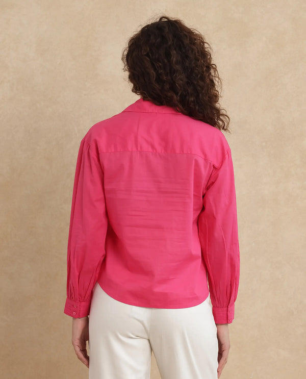 Rareism Women Somhur-T Pink Cotton Fabric Bishop Sleeve Collared Neck Button Closure Relaxed Fit Plain Top
