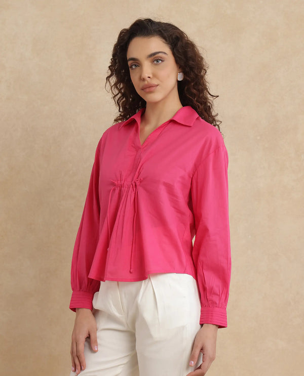 Rareism Women Somhur-T Pink Cotton Fabric Bishop Sleeve Collared Neck Button Closure Relaxed Fit Plain Top
