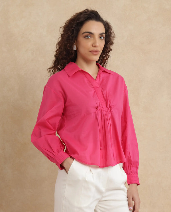 Rareism Women Somhur-T Pink Cotton Fabric Bishop Sleeve Collared Neck Button Closure Relaxed Fit Plain Top